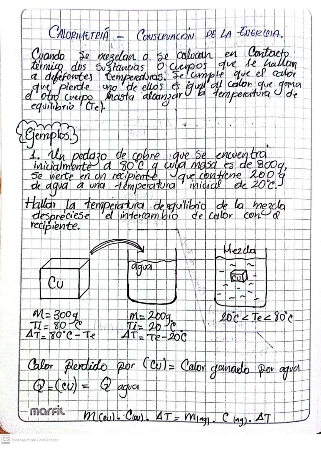 CALORIMETRIA - CONSERVACIÓN DE LA ENERGIA.
Cuando se mezclan o se colocan en Contacto
termico dos Sustancias O Cucipos que se hallon
a difer