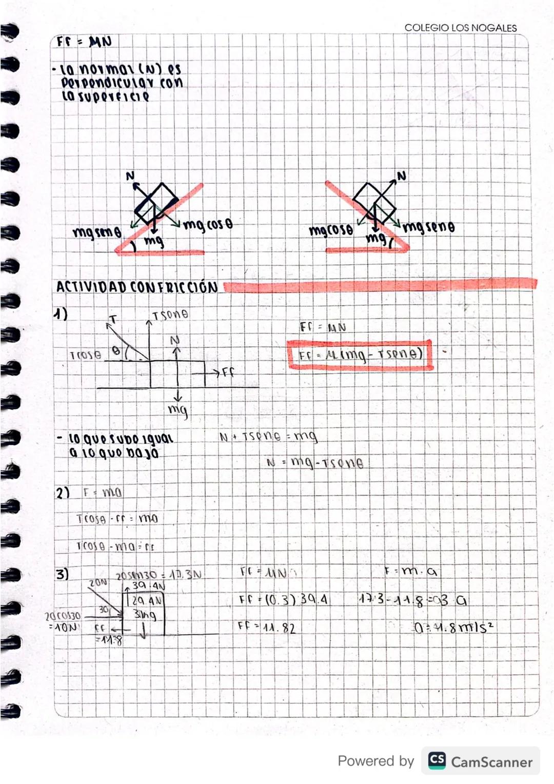 FFMN
·la normal (N) es.
Perpendicular con
La superficie
N
COLEGIO LOS NOGALES
mg sene
mg cos e
macose
masene
mg
mg
ACTIVIDAD CON FRICCIÓN
1)