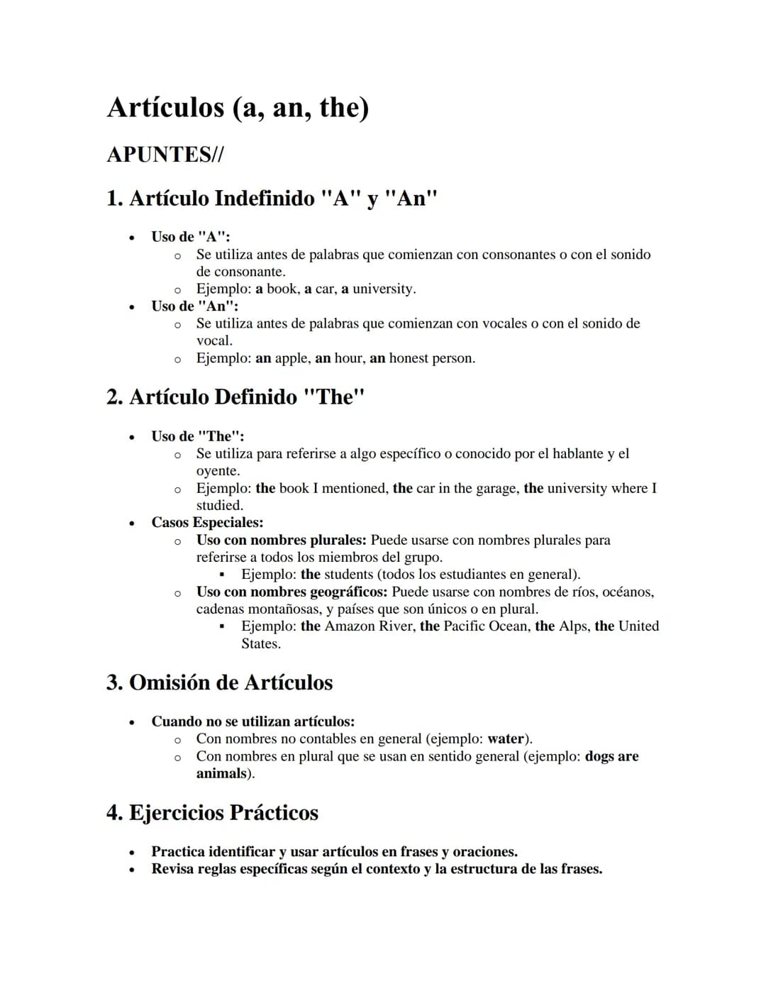 Artículos (a, an, the)
APUNTES//
1. Artículo Indefinido "A" y "An"
Uso de "A":
°
о
Se utiliza antes de palabras que comienzan con consonante