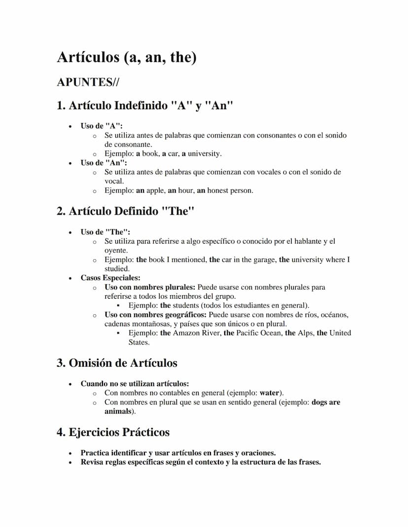 Artículos (a, an, the)
APUNTES//
1. Artículo Indefinido "A" y "An"
Uso de "A":
°
о
Se utiliza antes de palabras que comienzan con consonante
