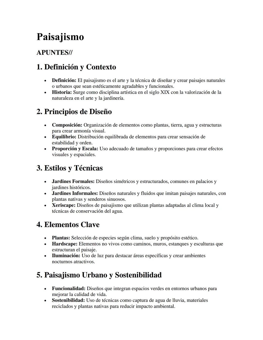 # Paisajismo

APUNTES//

## 1. Definición y Contexto

- Definición: El paisajismo es el arte y la técnica de diseñar y crear paisajes natura
