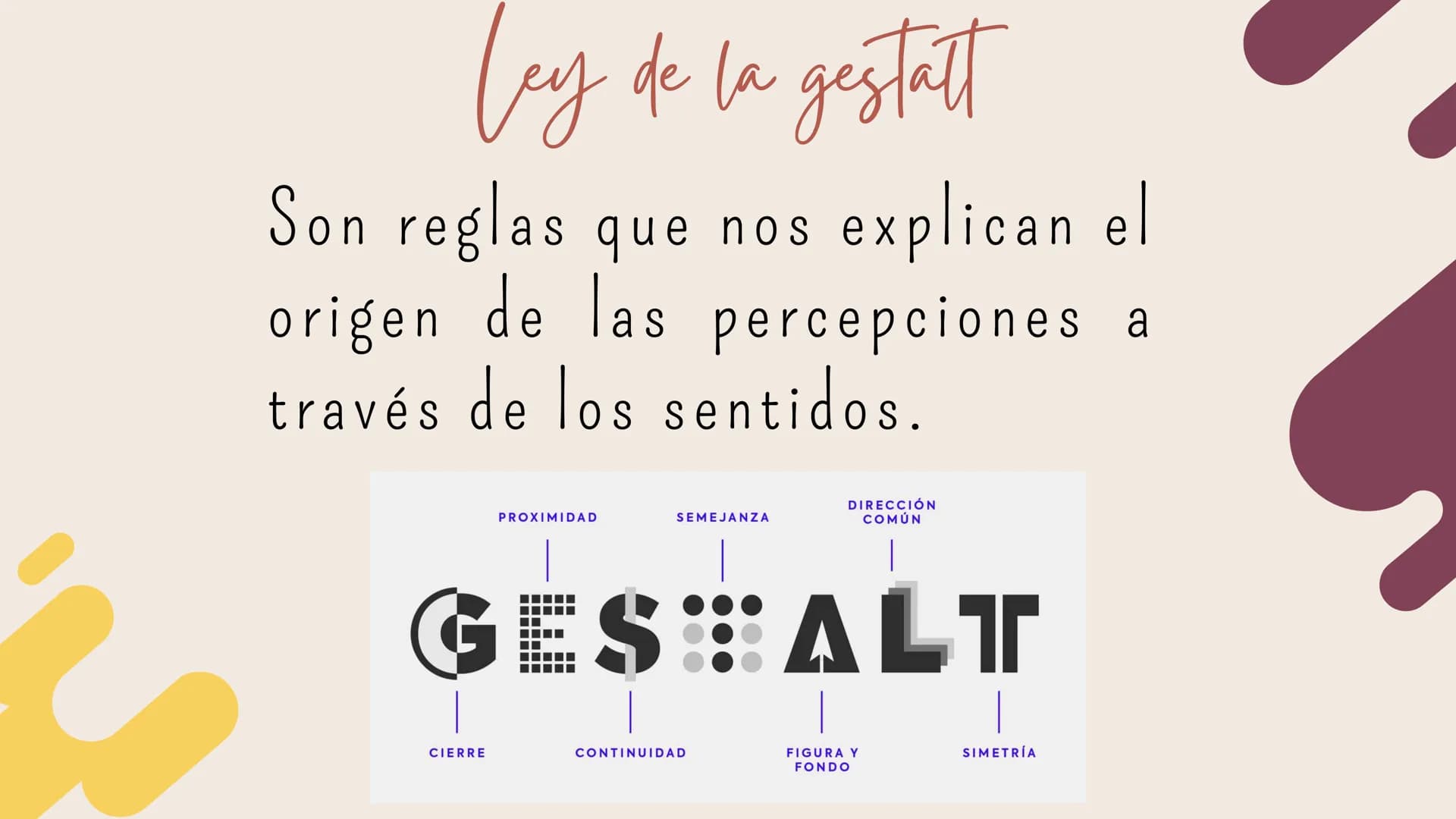 Ley de la gestatt
by
Son reglas que nos explican el
origen de las percepciones a
través de los sentidos.
PROXIMIDAD
SEMEJANZA
DIRECCIÓN
COMÚ