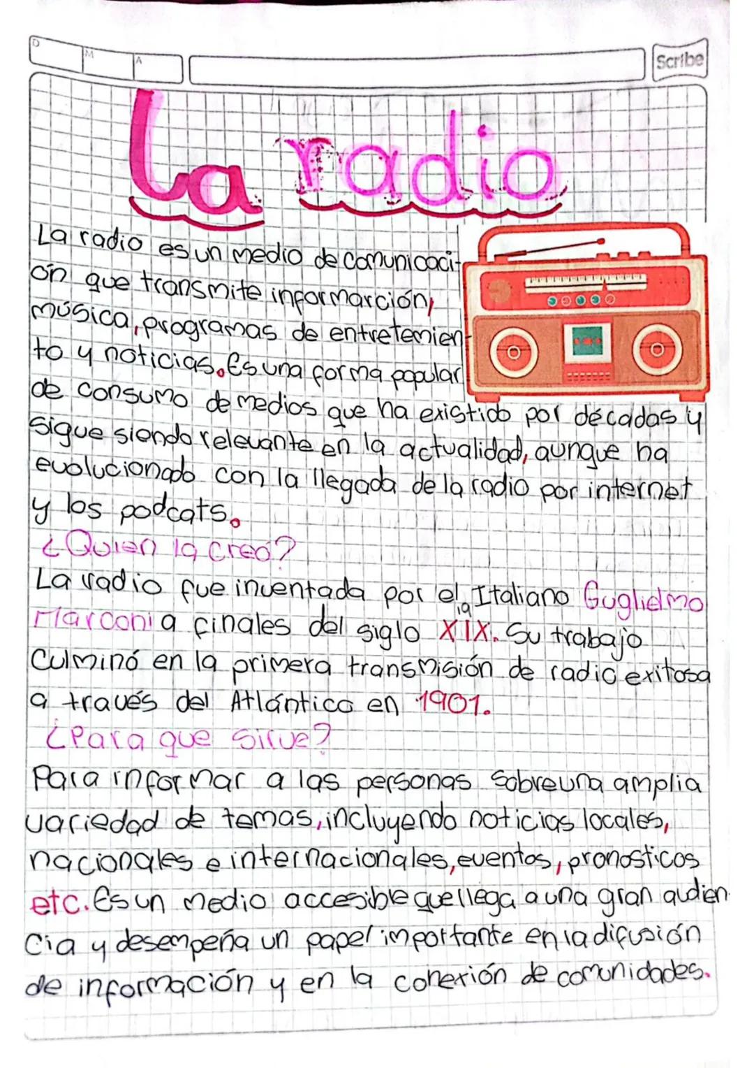 # La radio

La radio es un medio de comunicaci
on que transmite informarción,
música, programas de entretenien
to y noticias. Es una forma p