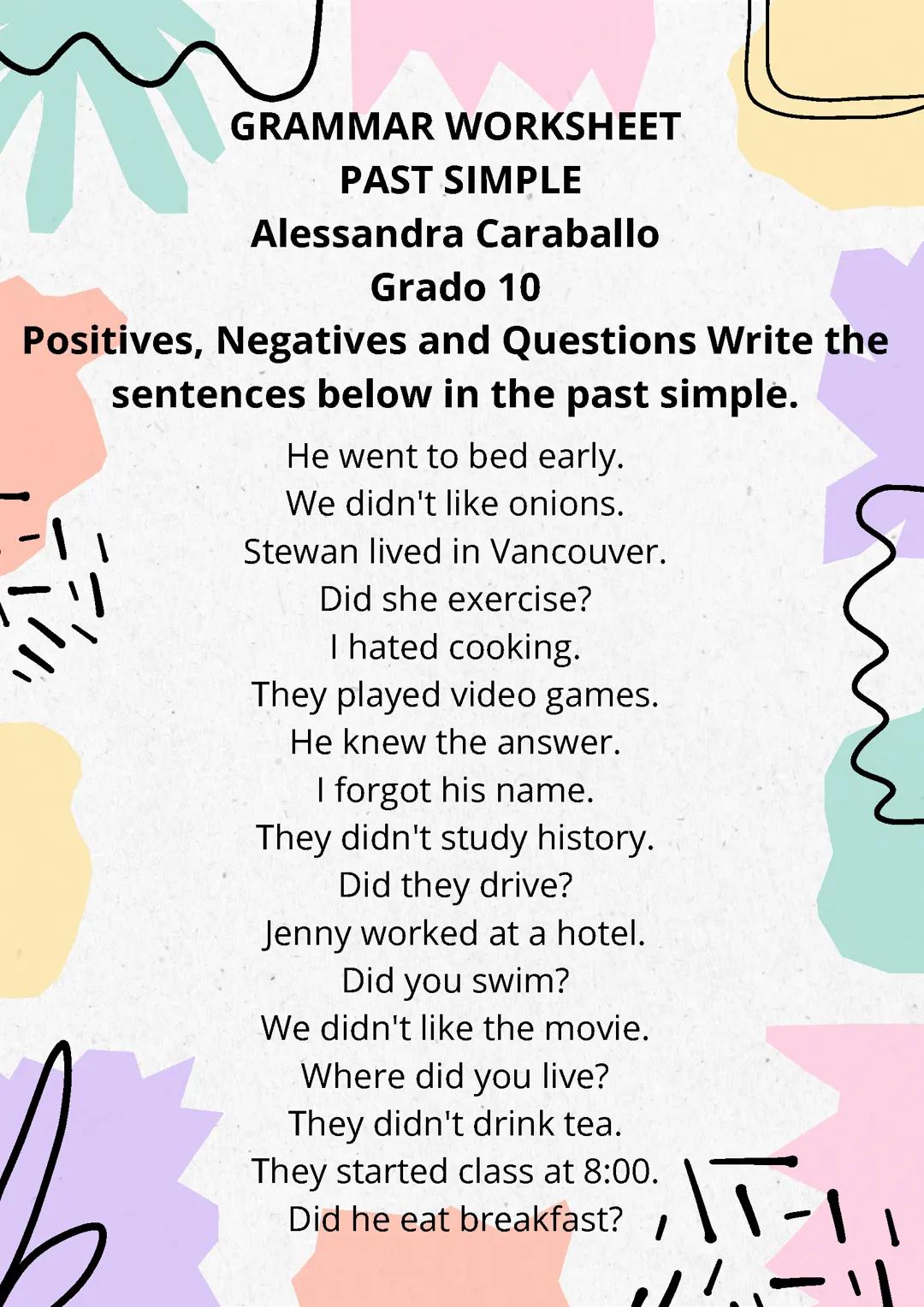 Actividades y oraciones en Pasado Simple en ingles