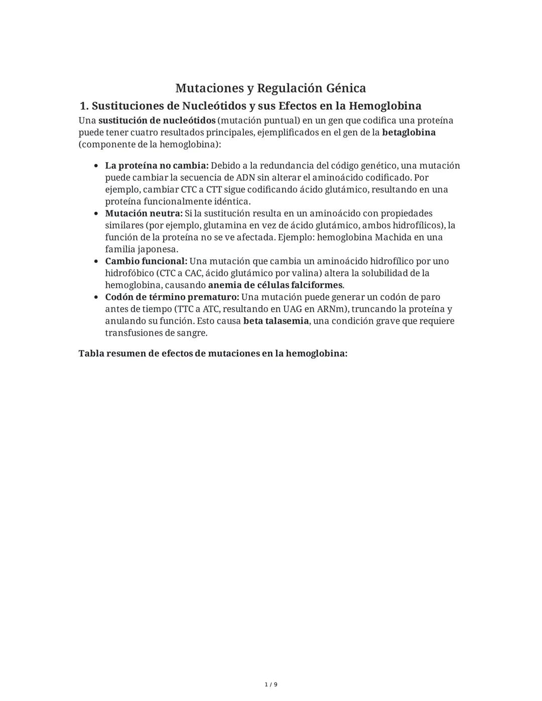 Mutaciones y Regulación Génica
1. Sustituciones de Nucleótidos y sus Efectos en la Hemoglobina
Una sustitución de nucleótidos (mutación punt