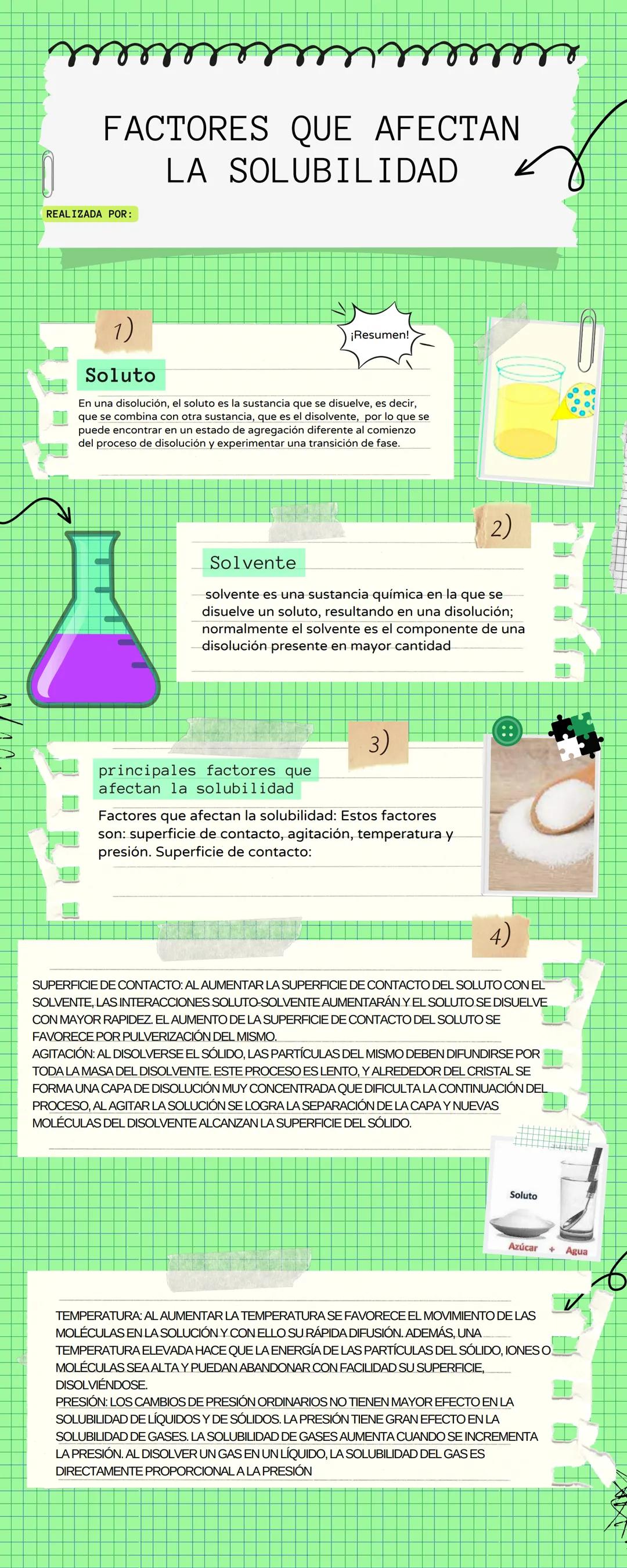 m
FACTORES QUE AFECTAN
LA SOLUBILIDAD
REALIZADA POR:
1)
Soluto
¡Resumen!
En una disolución, el soluto es la sustancia que se disuelve, es de