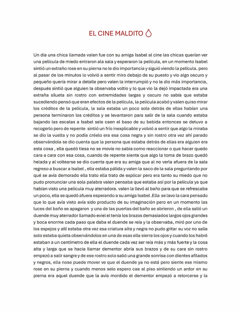 EL CINE MALDITO
Un día una chica llamada valen fue con su amiga Isabel al cine las chicas querían ver
una película de miedo entraron ala sal