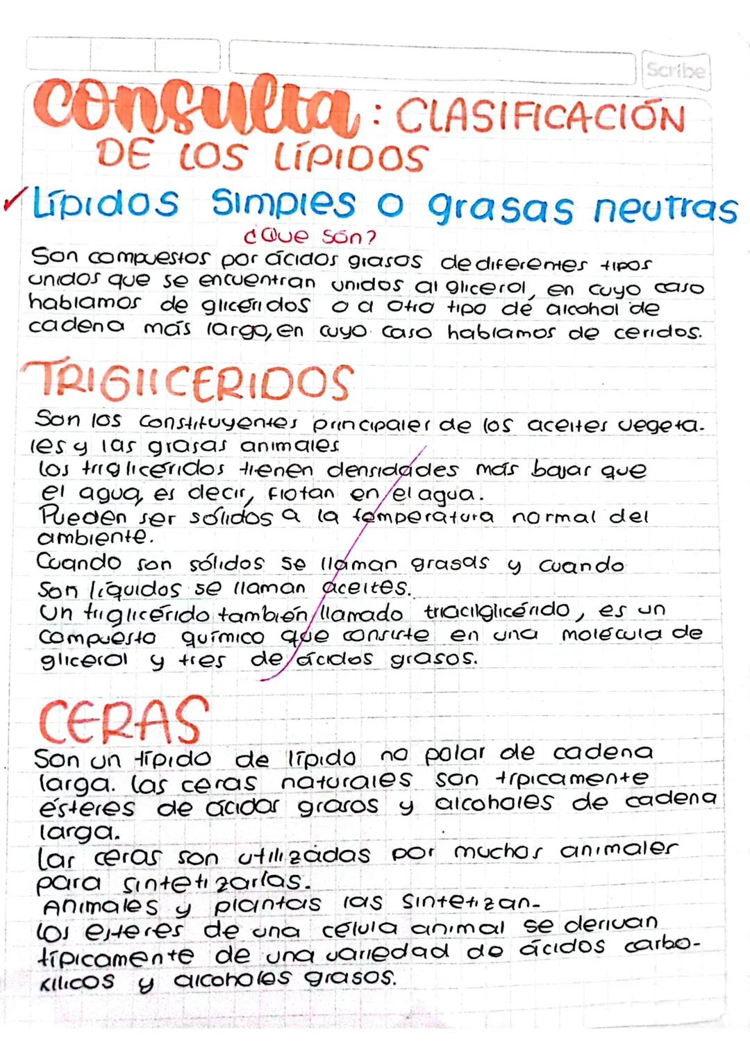 Scribe

# consulta: CLASIFICACIÓN
## DE LOS LIPIDOS

### Lípidos Simples o grasas neutras
¿Que Son?

Son compuestos por ácidos grasos de dif