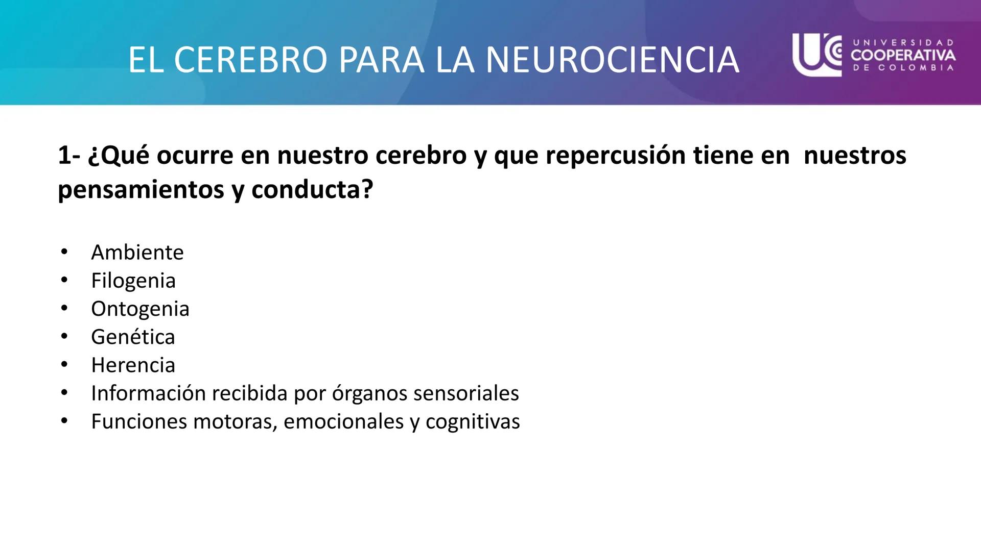 UG
UNIVERSIDAD
COOPERATIVA
DE COLOMBIA

NEUROCIENCIAS COGNITIVA Y DEL COMPORTAMIENTO
CONCEPTOS

FACULTAD DE PSICOLOGIA
PROFESORA: NAZIRA AUN