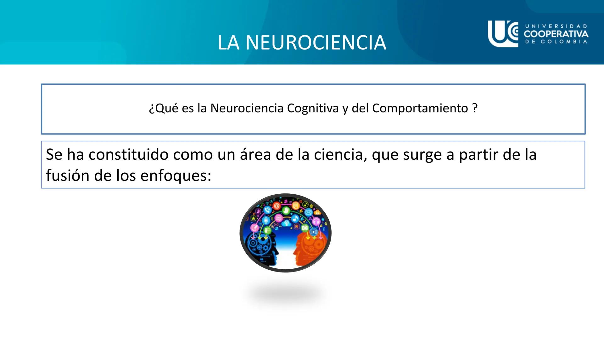 UG
UNIVERSIDAD
COOPERATIVA
DE COLOMBIA

NEUROCIENCIAS COGNITIVA Y DEL COMPORTAMIENTO
CONCEPTOS

FACULTAD DE PSICOLOGIA
PROFESORA: NAZIRA AUN