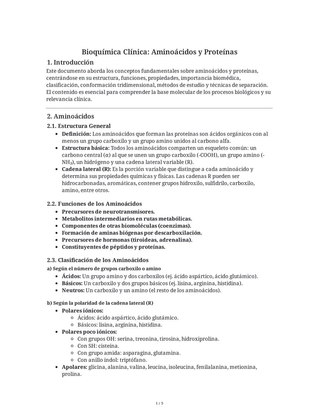 Bioquímica Clínica: Aminoácidos y Proteínas
1. Introducción
Este documento aborda los conceptos fundamentales sobre aminoácidos y proteínas,