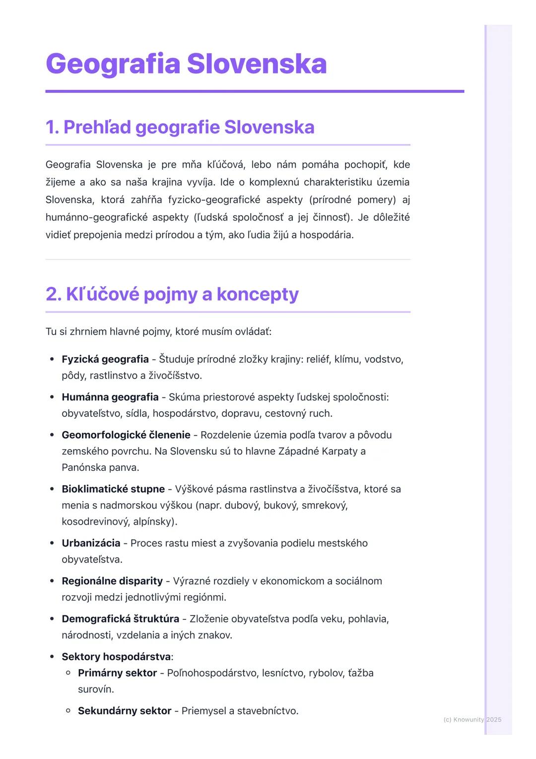 # Geografia Slovenska

## 1. Prehľad geografie Slovenska

Geografia Slovenska je pre mňa kľúčová, lebo nám pomáha pochopiť, kde
žijeme a ako