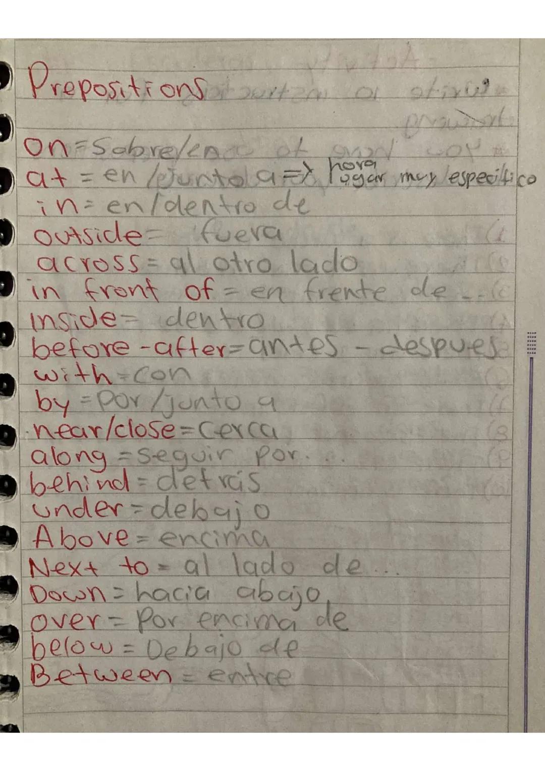 Prepositions it surten a striving
On-Sobre/ence of rod wo
at = en /Juntola=> hogar muy especifico
in-en/dentro de
Outside fuera
across al ot