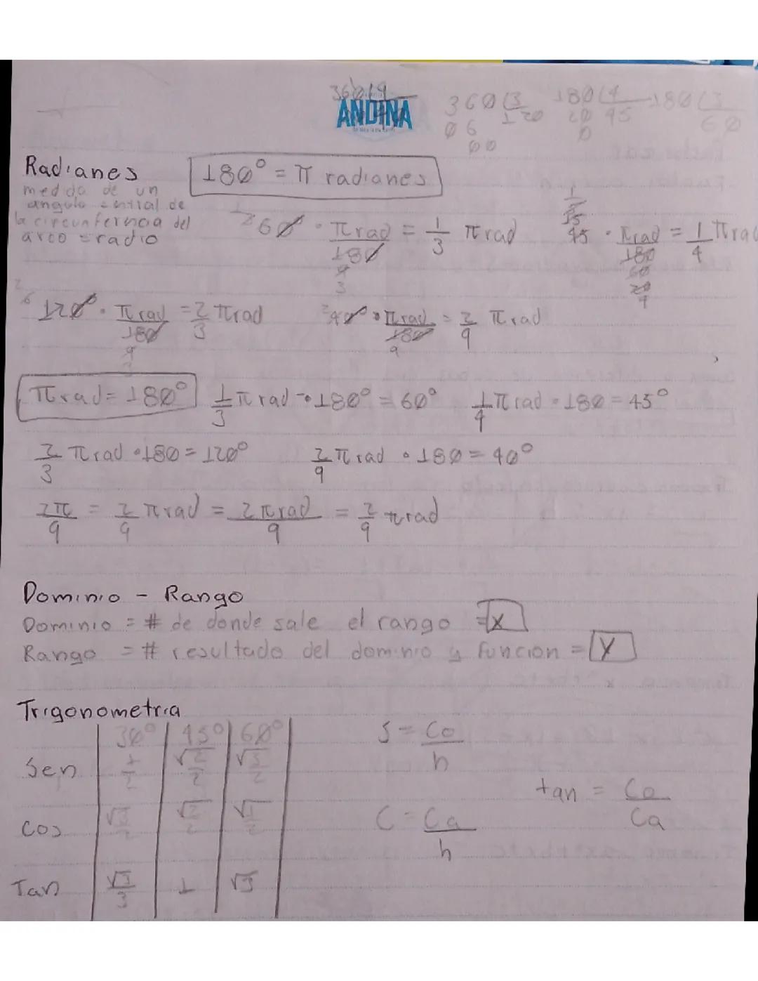 Radianes, dominio y rango, tabla de trigonometría 