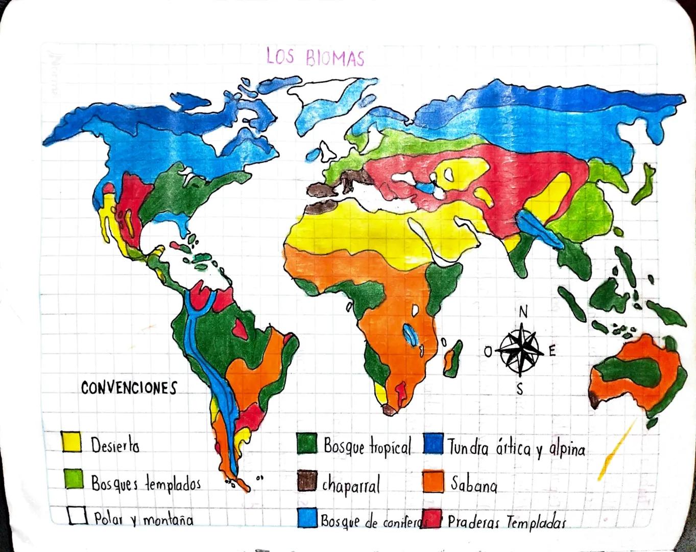 CONVENCIONES
LOS BIOMAS
0
ய
Desierto
Bosque tropical
Tundra ártica y alpina
Bosques templados
0
chaparral
Polar y montaña
Sabana
Bosque de c