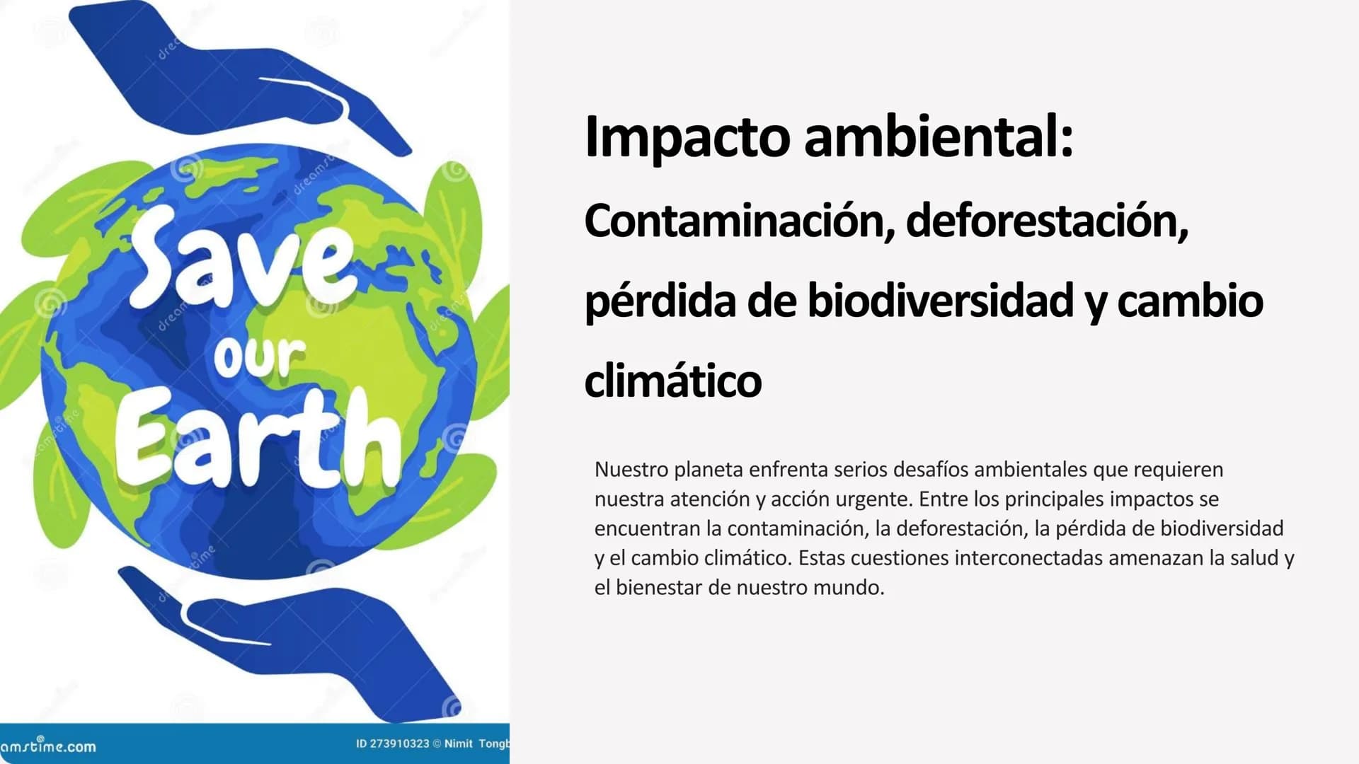 amstime.com
drec
dreamst
Save
dream
our
Earth
Impacto ambiental:
Contaminación, deforestación,
pérdida de biodiversidad y cambio
climático
+