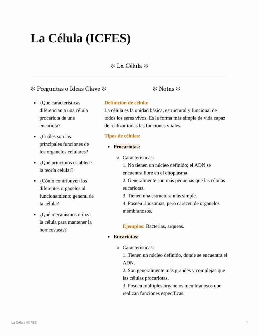 La Célula (ICFES)
La Célula *
Preguntas o Ideas Clave *
• ¿Qué características
diferencian a una célula
procariota de una
eucariota?
¿Cuáles