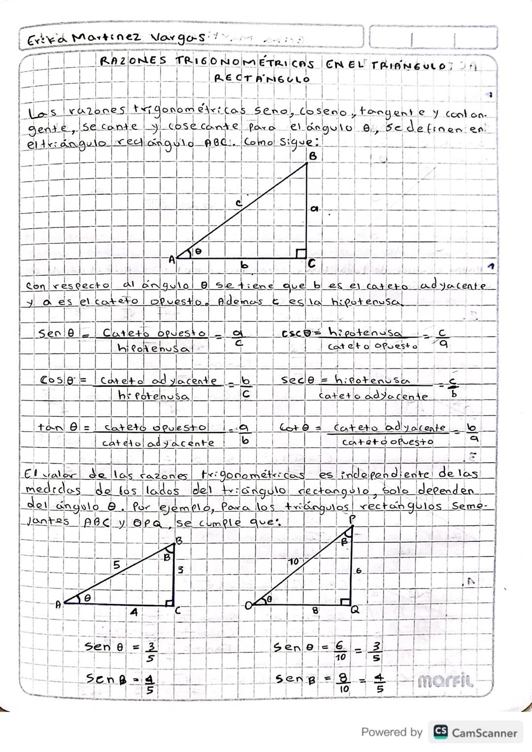 Erika Martinez Vargas ty
RAZONES TRIGONOMETRICAS EN EL TRIANGULO: JA
RECTANGULO
Los razones trigonométricas seno, coseno, tangente y conton.