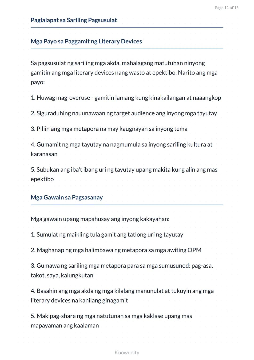 Pagkilala at Pagsusuri ng Literary Devices: Metapora at Tayutay
Pag-aaral ng mga literary devices sa panitikang
Pilipino
Mga Layuning Pang-e