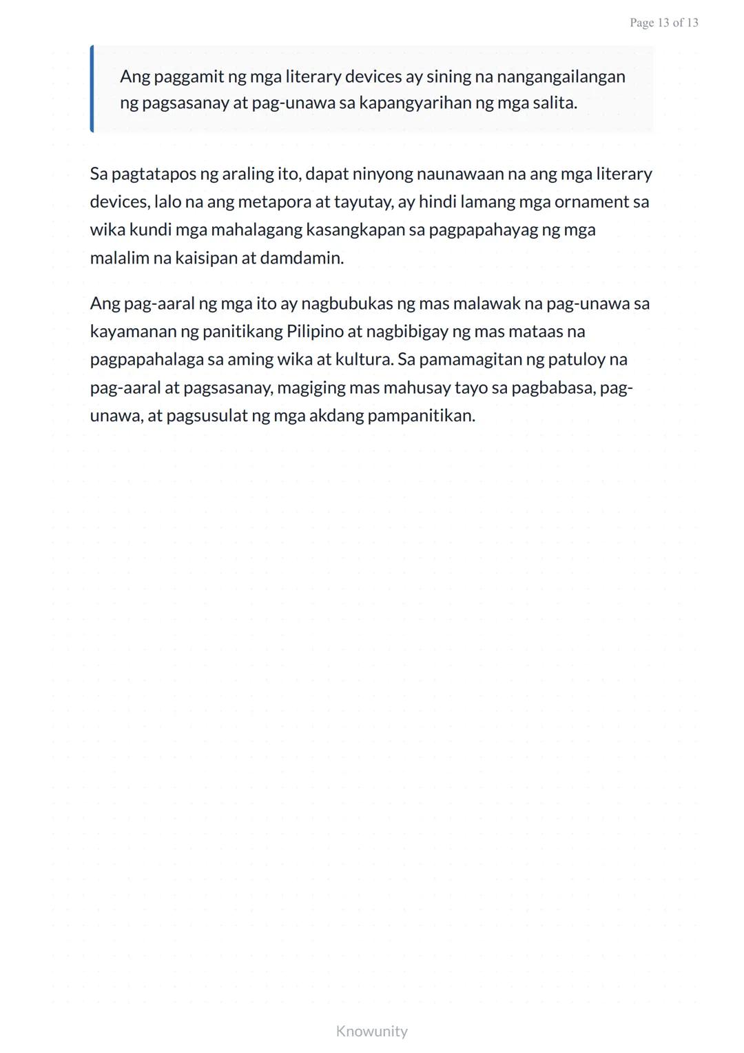 Pagkilala at Pagsusuri ng Literary Devices: Metapora at Tayutay
Pag-aaral ng mga literary devices sa panitikang
Pilipino
Mga Layuning Pang-e