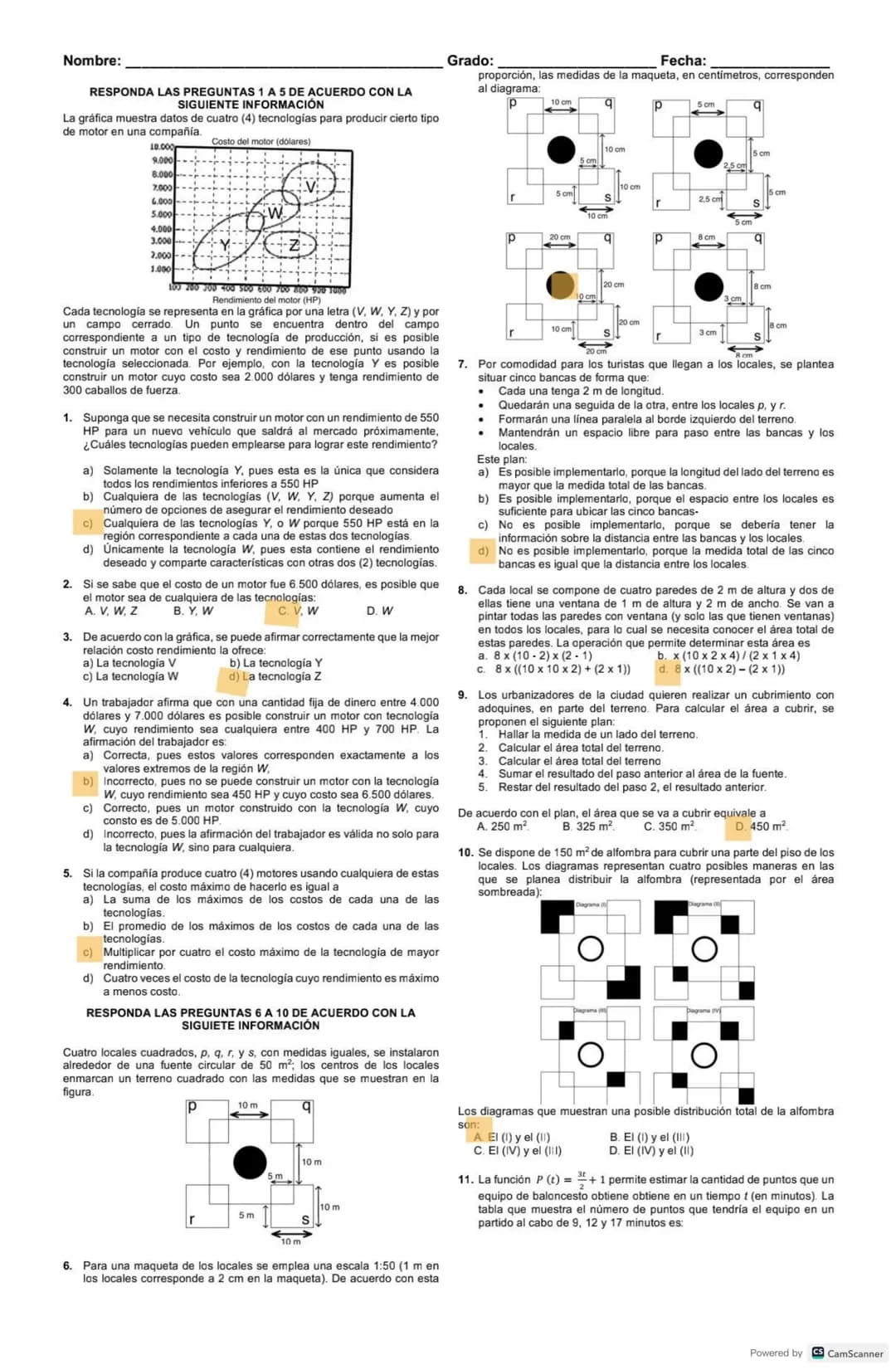 Nombre:
RESPONDA LAS PREGUNTAS 1 A 5 DE ACUERDO CON LA
SIGUIENTE INFORMACIÓN
La gráfica muestra datos de cuatro (4) tecnologías para produci