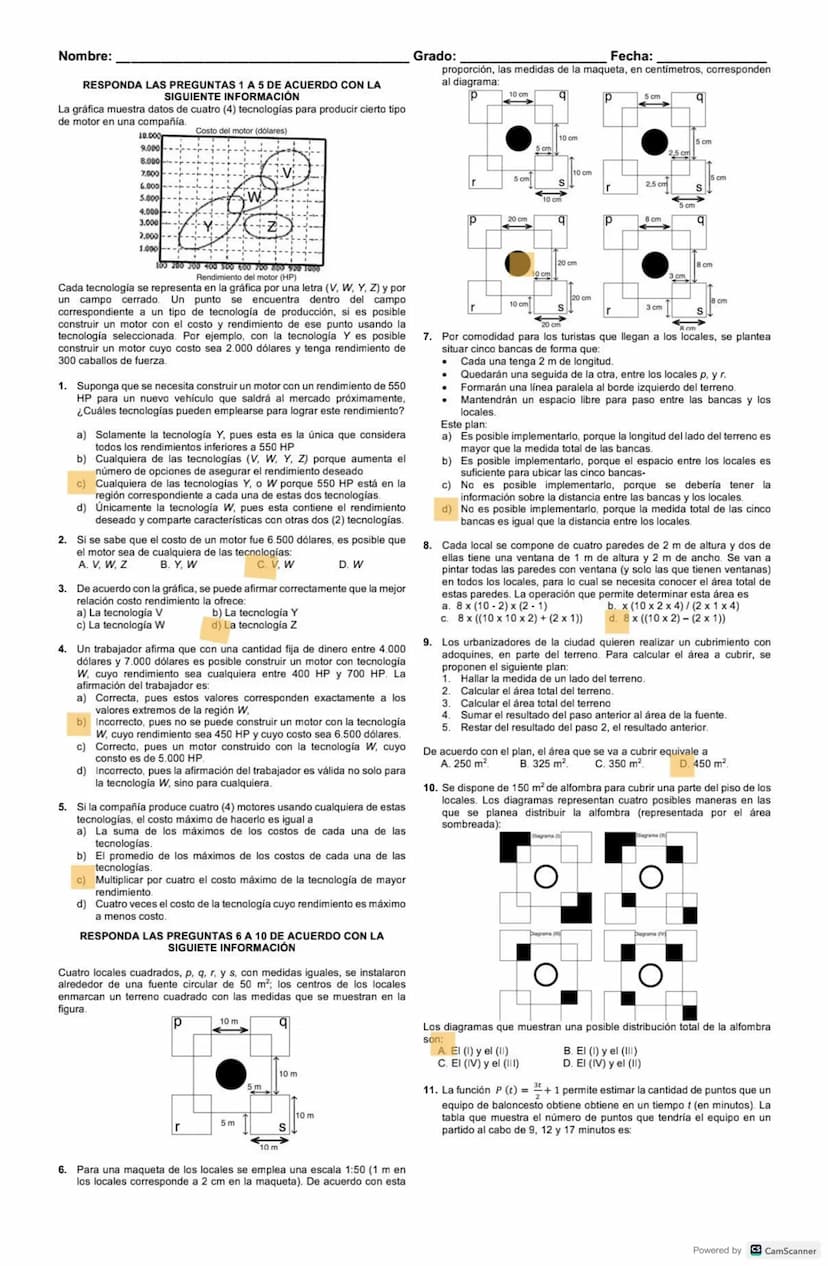 Nombre:
RESPONDA LAS PREGUNTAS 1 A 5 DE ACUERDO CON LA
SIGUIENTE INFORMACIÓN
La gráfica muestra datos de cuatro (4) tecnologías para produci