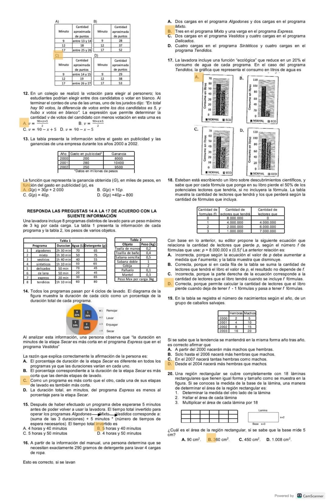 Nombre:
RESPONDA LAS PREGUNTAS 1 A 5 DE ACUERDO CON LA
SIGUIENTE INFORMACIÓN
La gráfica muestra datos de cuatro (4) tecnologías para produci