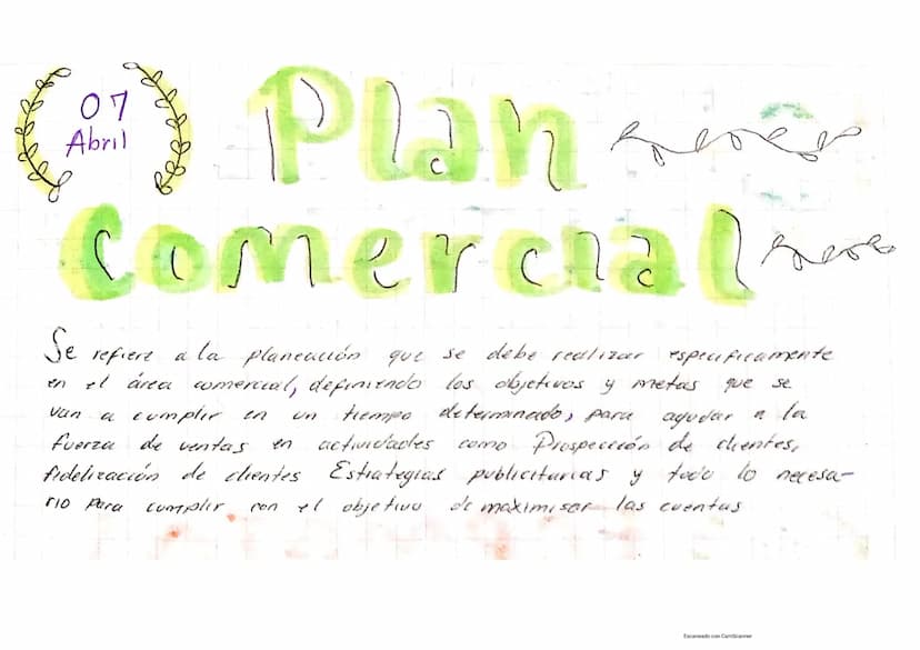 07
Abril
(*) Plane
Comerciale
ов
Se
en
refiere a la planeación que se debe realizar
especificamente
agudar a la
el área comercial, definiend