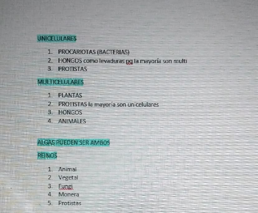 UNICELULARES
1. PROCARIOTAS (BACTERIAS)
2. HONGOS como levaduras pg la mayoría son multi
3. PROTISTAS
MULTICELULARES
1. PLANTAS
2. PROTISTAS