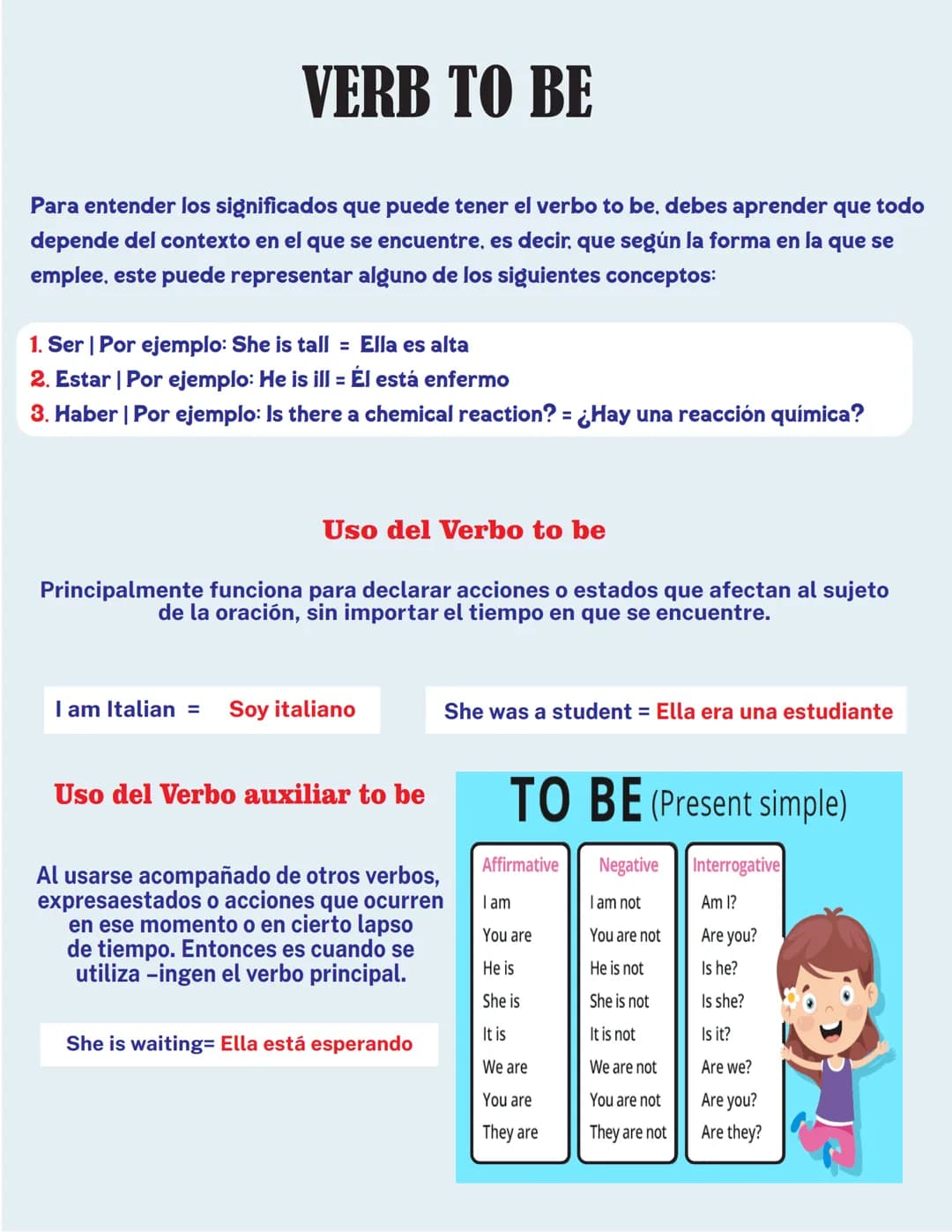 VERB TO BE
Para entender los significados que puede tener el verbo to be, debes aprender que todo
depende del contexto en el que se encuentr