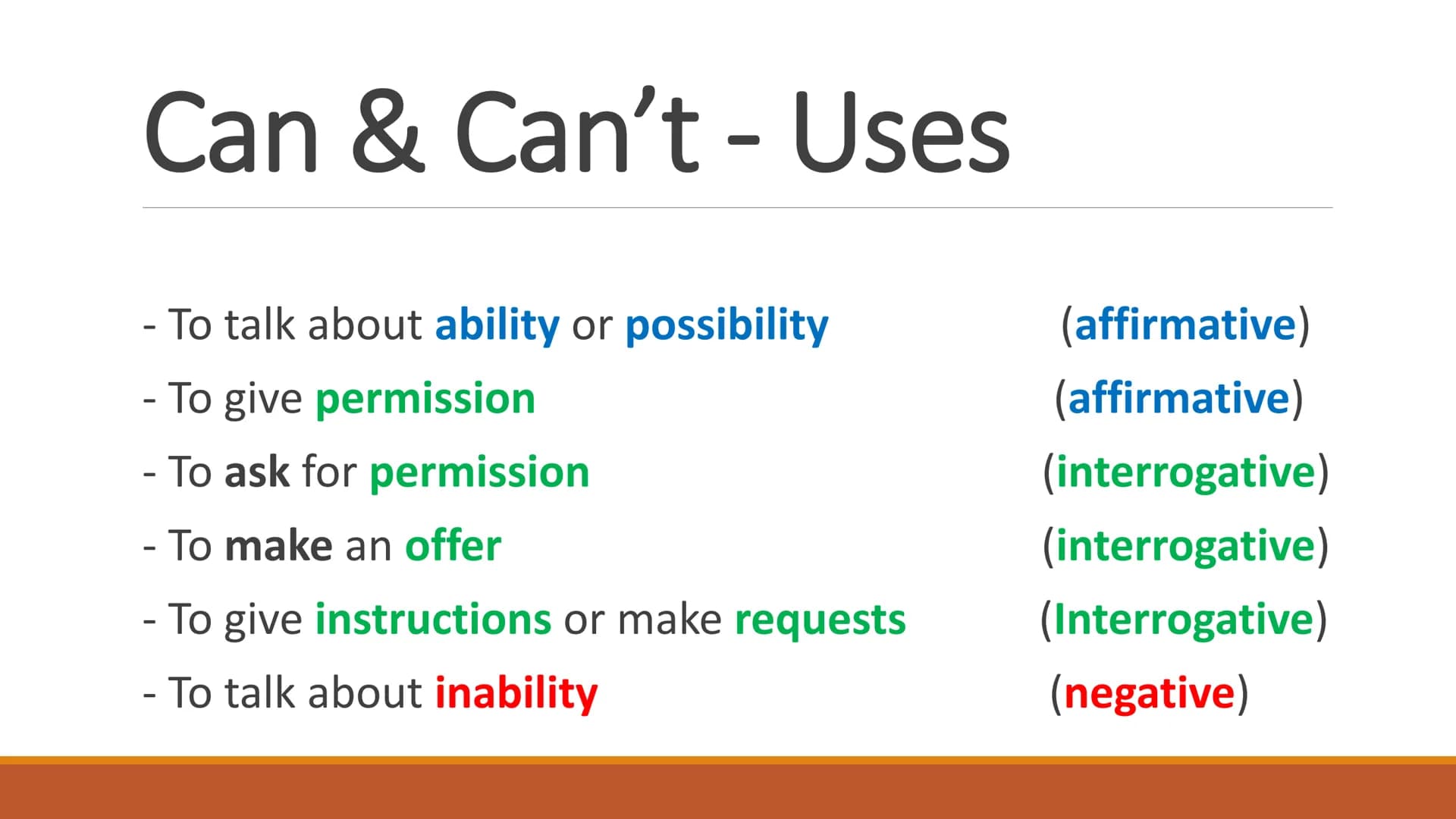 Can & Can't - Uses
- To talk about ability or possibility
(affirmative)
-
- To give permission
(affirmative)
-
- To ask for permission
(inte