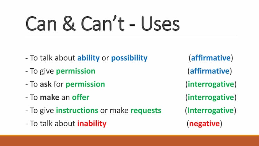 Can & Can't - Uses
- To talk about ability or possibility
(affirmative)
-
- To give permission
(affirmative)
-
- To ask for permission
(inte