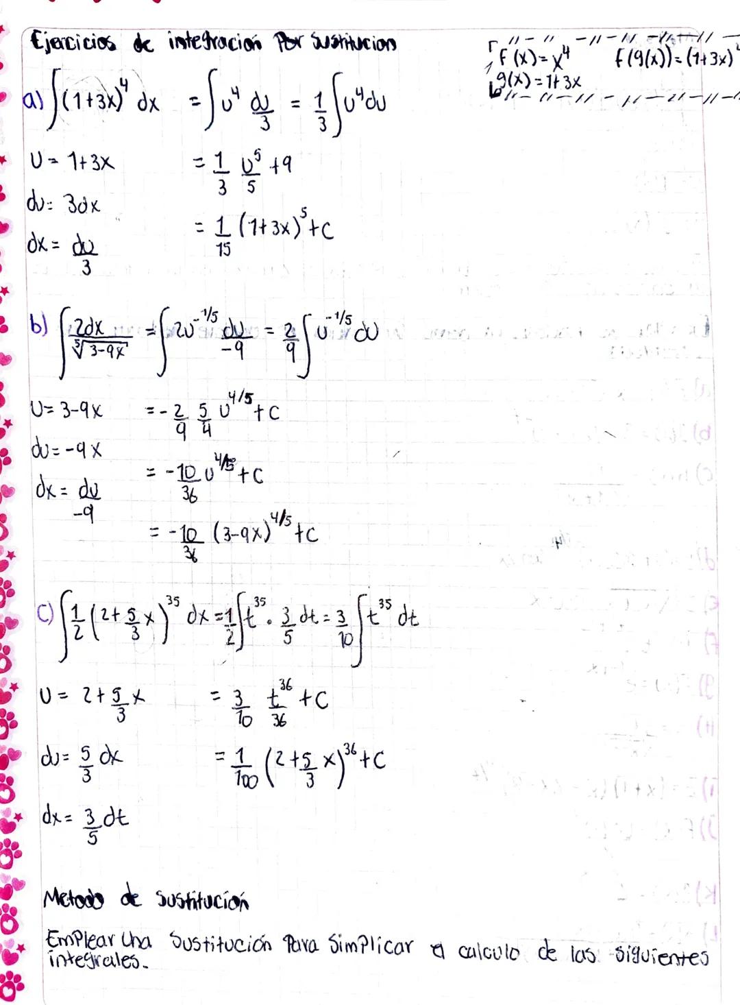 # Ejercicios de integración por Sustitucion

- a) $\int (1+3x)^4 dx = \int u^4 \frac{du}{3} = \frac{1}{3} \int u^4 du$

U=1+3x

$\frac{1}{3}