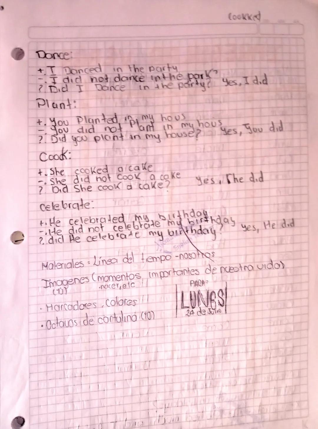 PAST
SIMPLE
17-07-23
Use. Events Situations in past.
Aux? Did (neg() interr(?)-oración)
+ Pp + Verb in past & Comp.
- Kevin Jumped on the be