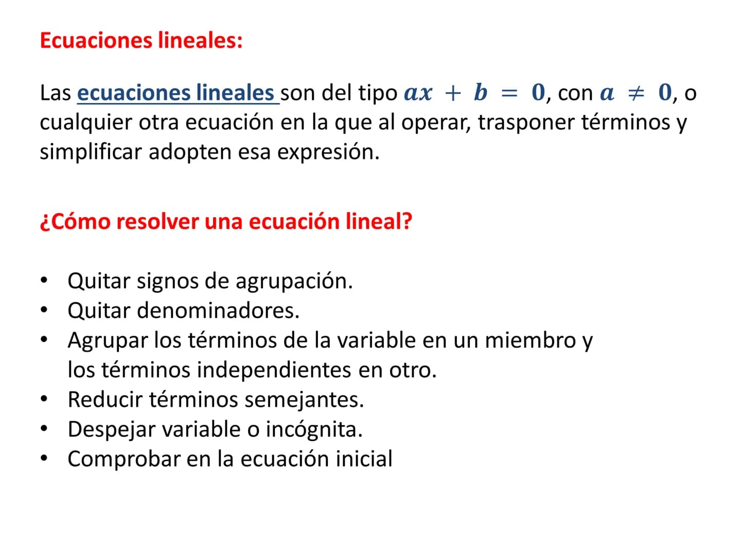 Funciones y
Ecuaciones
lineales La función lineal es del tipo: y = mx
m es la pendiente de la recta, si m>0 la función es
creciente y el áng