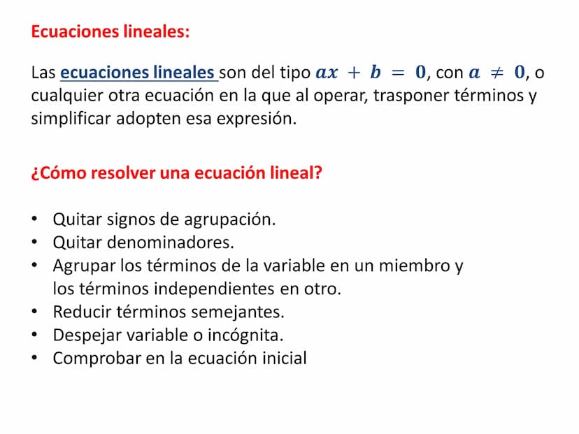 Funciones y
Ecuaciones
lineales La función lineal es del tipo: y = mx
m es la pendiente de la recta, si m>0 la función es
creciente y el áng