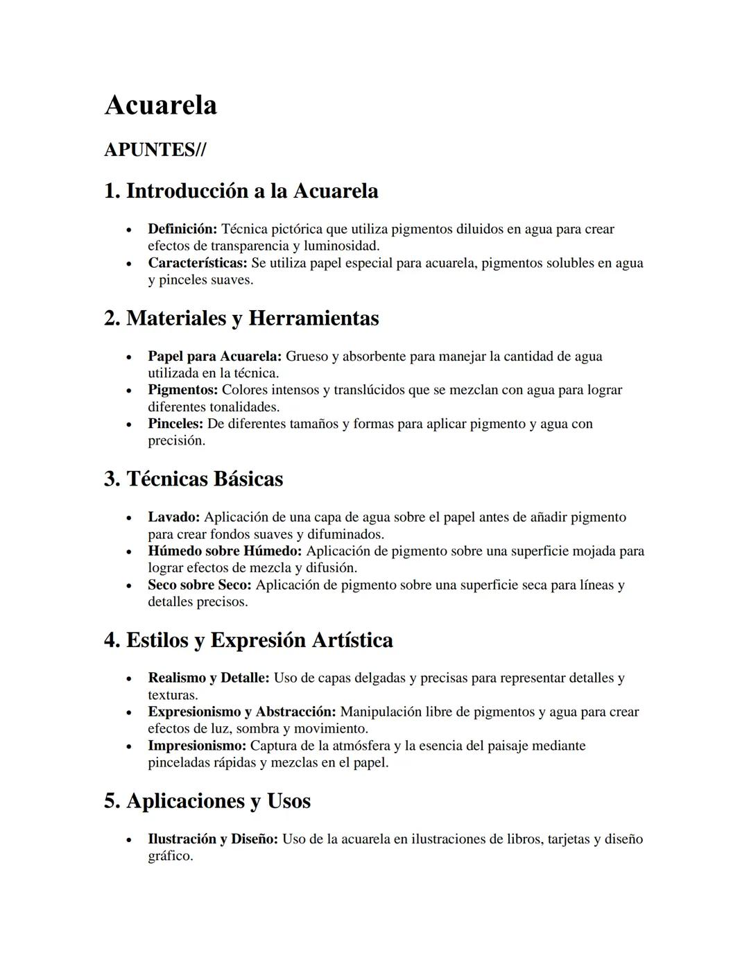 # Acuarela

APUNTES//

1. Introducción a la Acuarela

- Definición: Técnica pictórica que utiliza pigmentos diluidos en agua para crear
efec