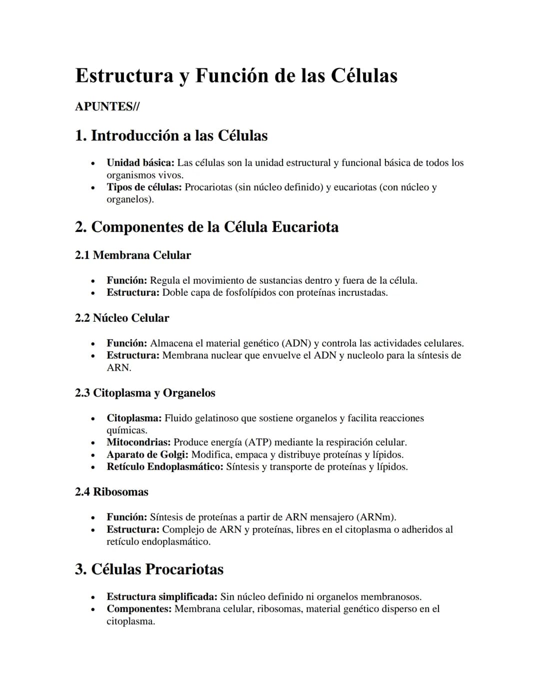 Estructura y Función de las Células
APUNTES//
1. Introducción a las Células
•
.
Unidad básica: Las células son la unidad estructural y funci