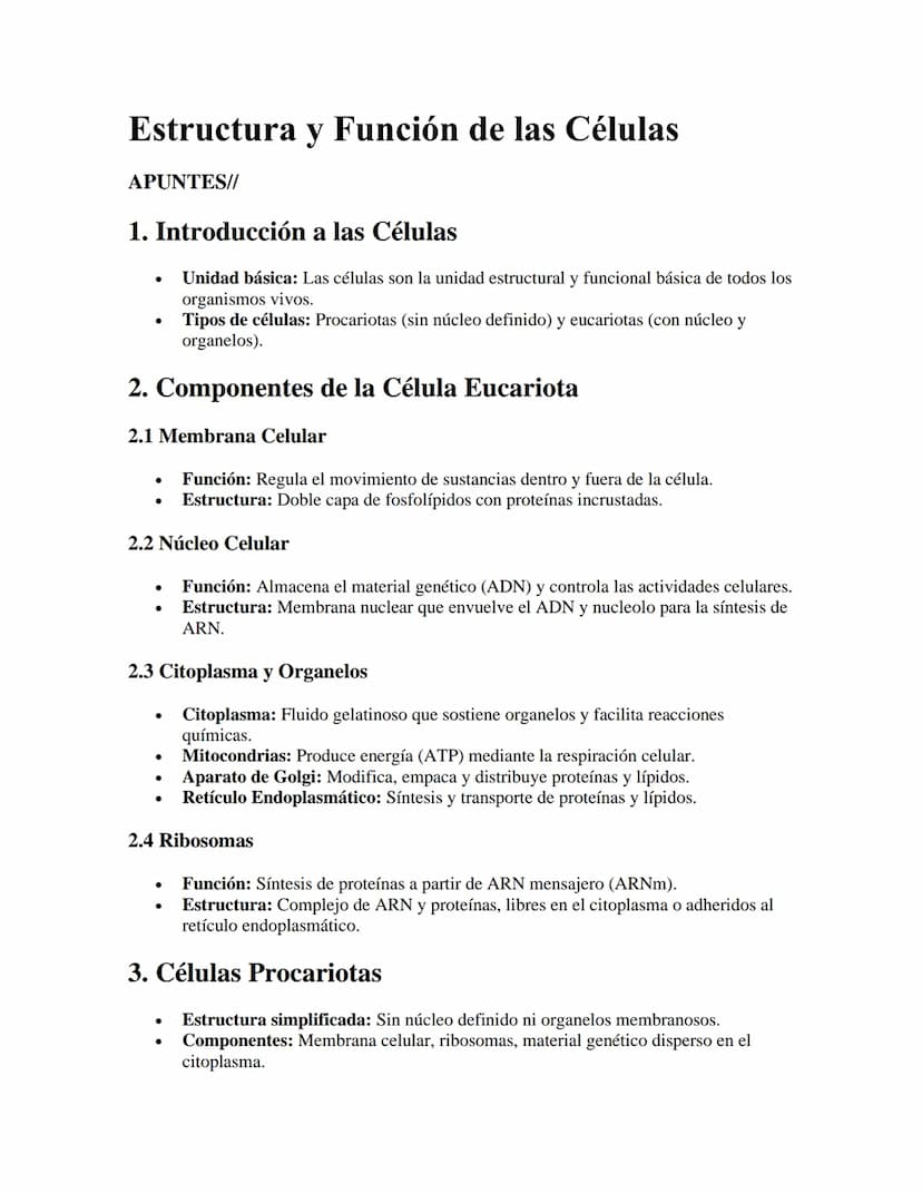 Estructura y Función de las Células
APUNTES//
1. Introducción a las Células
•
.
Unidad básica: Las células son la unidad estructural y funci