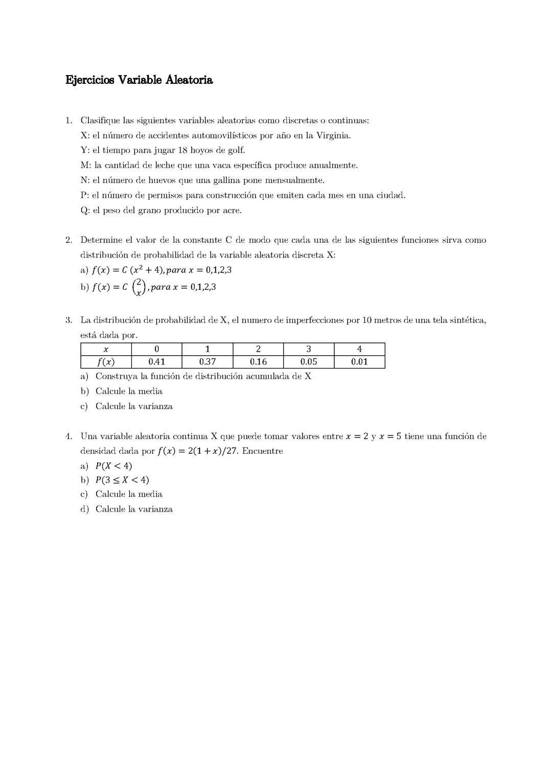 Ejercicios Variable Aleatoria