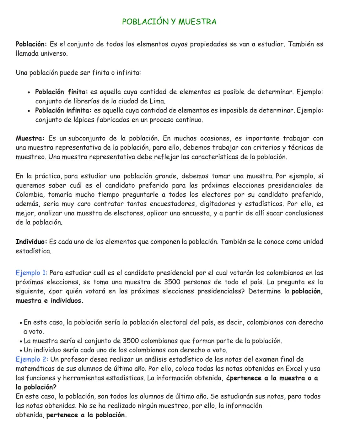 POBLACIÓN Y MUESTRA
Población: Es el conjunto de todos los elementos cuyas propiedades se van a estudiar. También es
llamada universo.
Una p