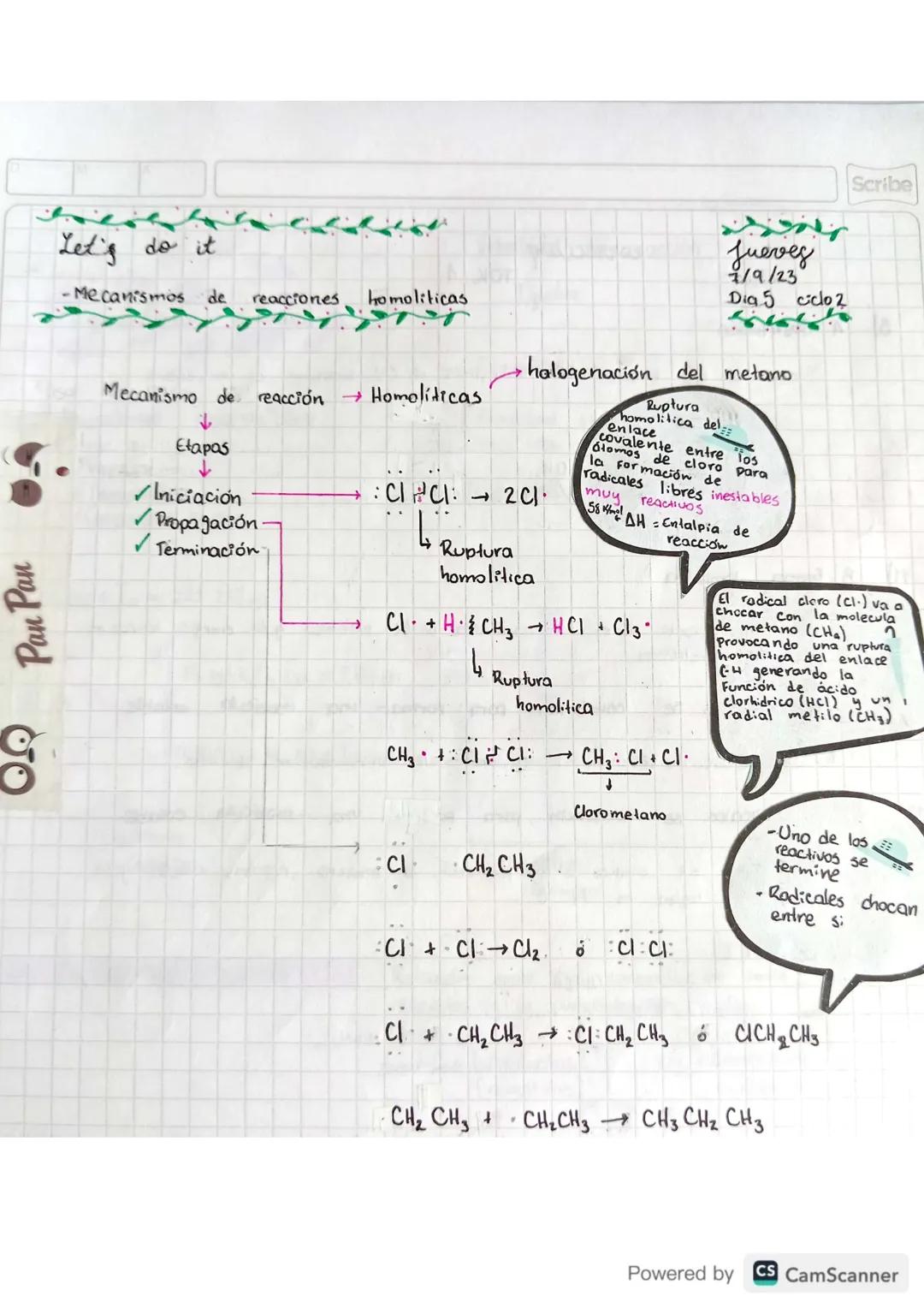 Pan Pan
8
Scribe

Let's do it
-Mecanismos de reacciones homoliticas

Mecanismo de reacción → Homolíticas
↓
Etapas
↓
✓Iniciación
✓Propagación