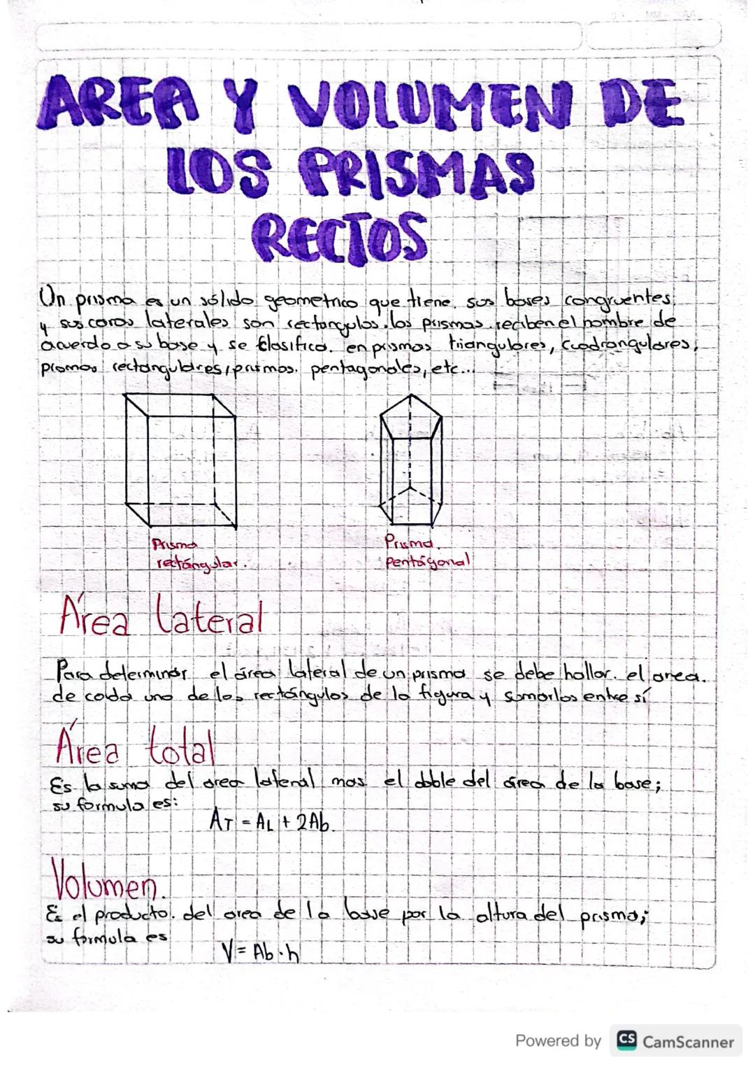 AREA Y VOLUMEN DE
LOS PRISMAS
RECTOS
On
prisma es un sólido geometrico que tiene sus bores congruentes.
4 sus coros laterales son rectangulo
