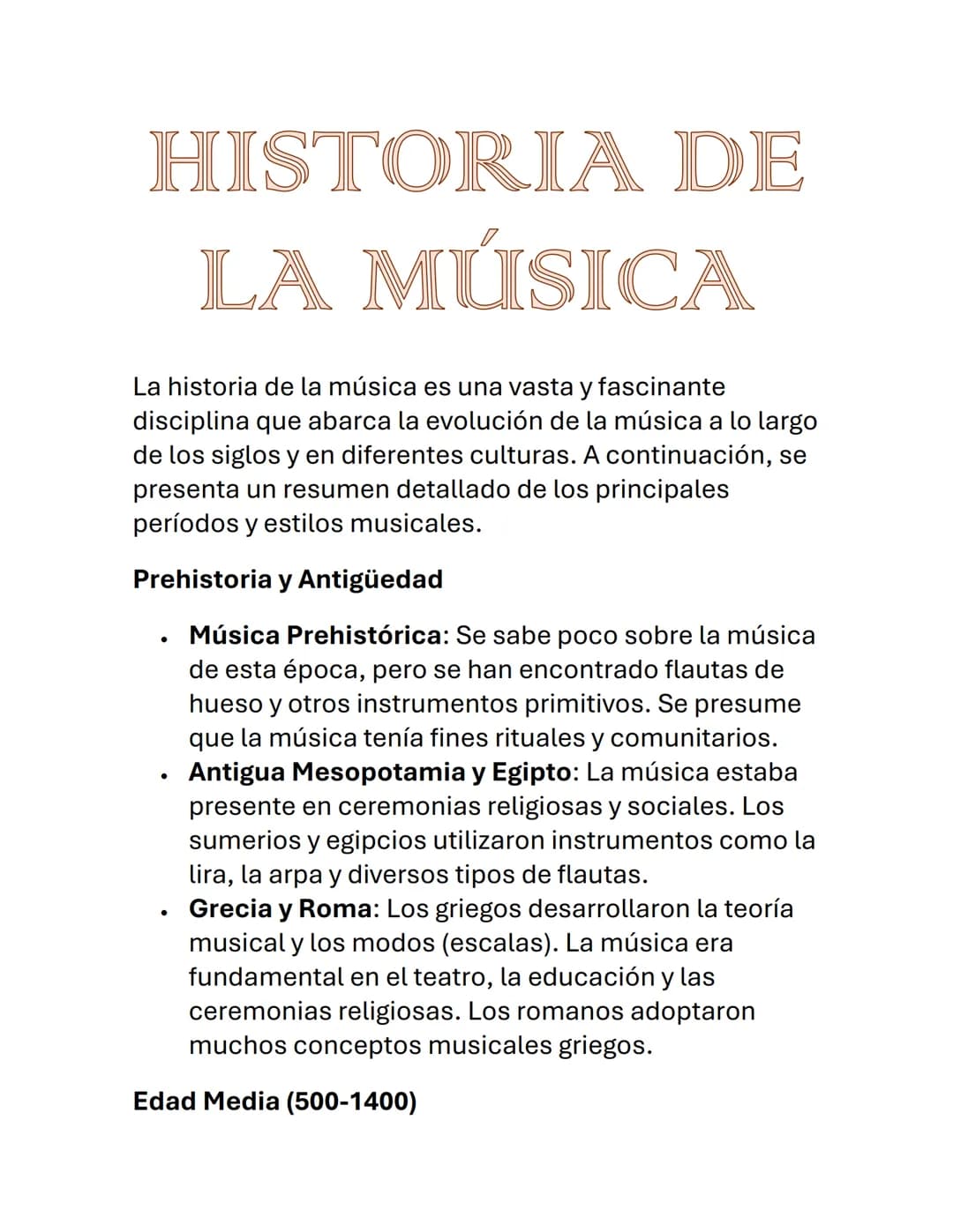 HISTORIA DE
LA MÚSICA
La historia de la música es una vasta y fascinante
disciplina que abarca la evolución de la música a lo largo
de los s