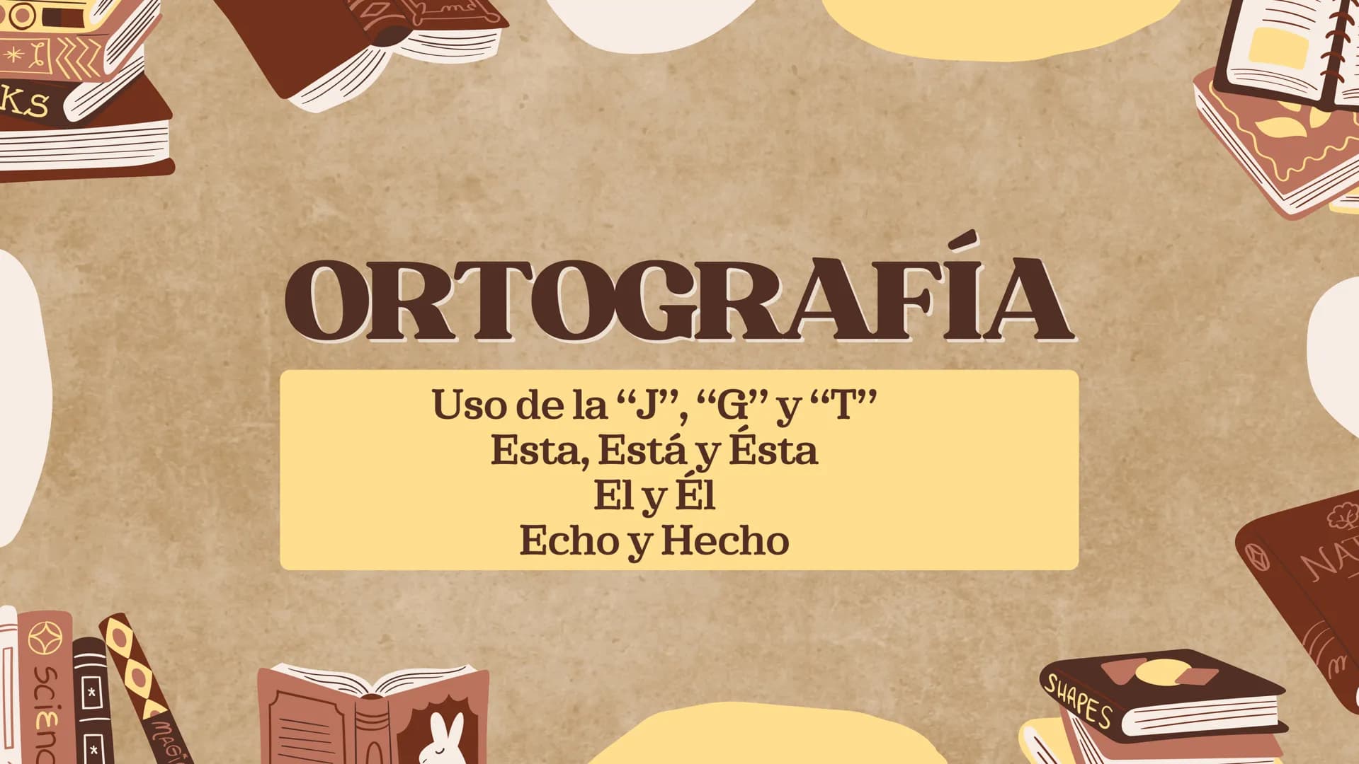 10
Ks
ORTOGRAFÍA
Uso de la "J", “G” y “T”
Esta, Está y Ésta
Ely Él
Echo y Hecho
☑
SciEnd
MAGI
SHAPES
NA
m INTRODUCCIÓN
Desconocimiento sobre