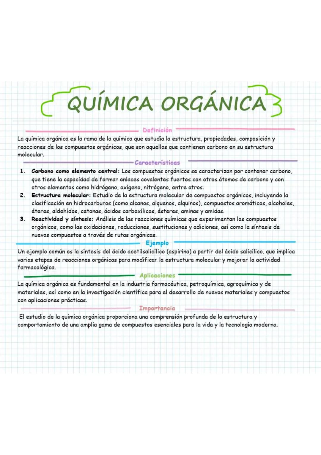 QUÍMICA ORGÁNICA
Definición
La química orgánica es la rama de la química que estudia la estructura, propiedades, composición y
reacciones de
