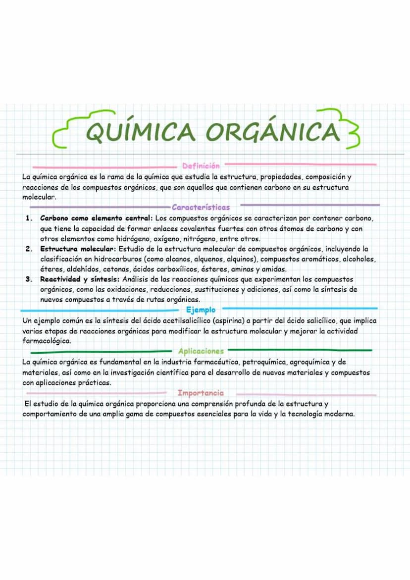 QUÍMICA ORGÁNICA
Definición
La química orgánica es la rama de la química que estudia la estructura, propiedades, composición y
reacciones de