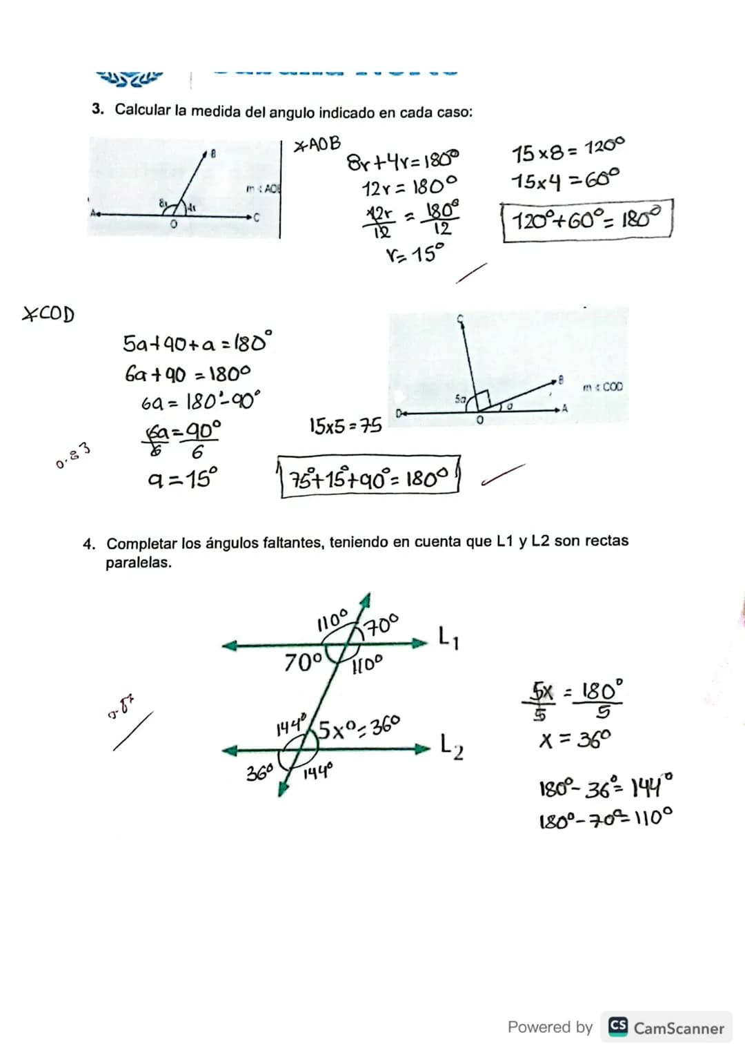 0-83
1. Señala el nombre del tipo de ángulo correcto en cada figura:
63
27 +63 = 90°
Angulo complementamo
54
54126° 180°
Angulo suplementari