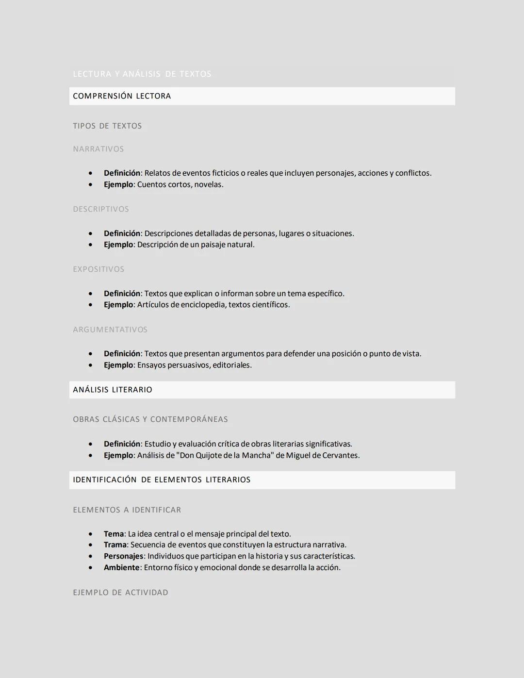 LECTURA Y ANÁLISIS DE TEXTOS
COMPRENSIÓN LECTORA
TIPOS DE TEXTOS
NARRATIVOS
• Definición: Relatos de eventos ficticios o reales que incluyen