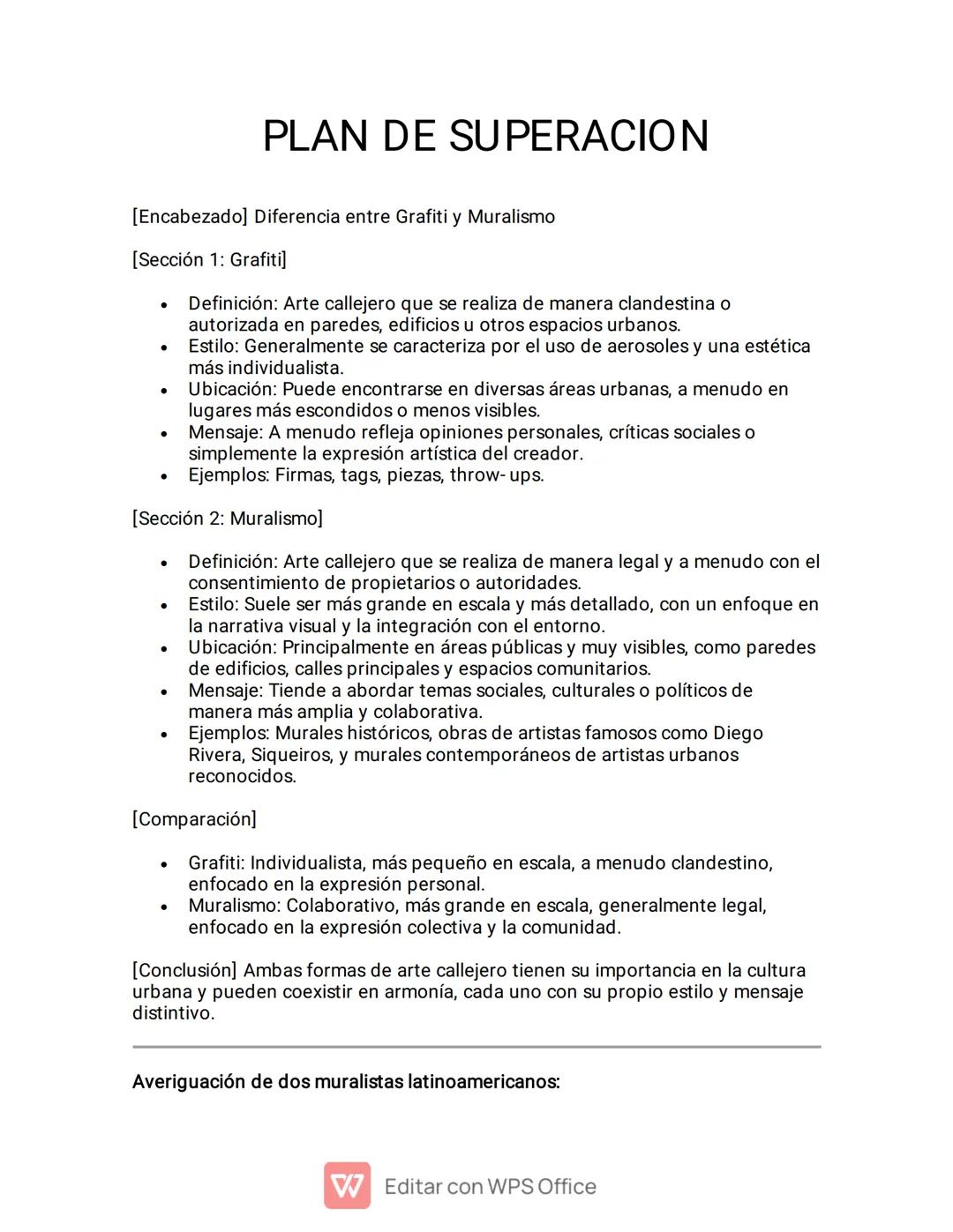 PLAN DE SUPERACION
[Encabezado] Diferencia entre Grafiti y Muralismo
[Sección 1: Grafiti]
•
•
•
•
•
Definición: Arte callejero que se realiz
